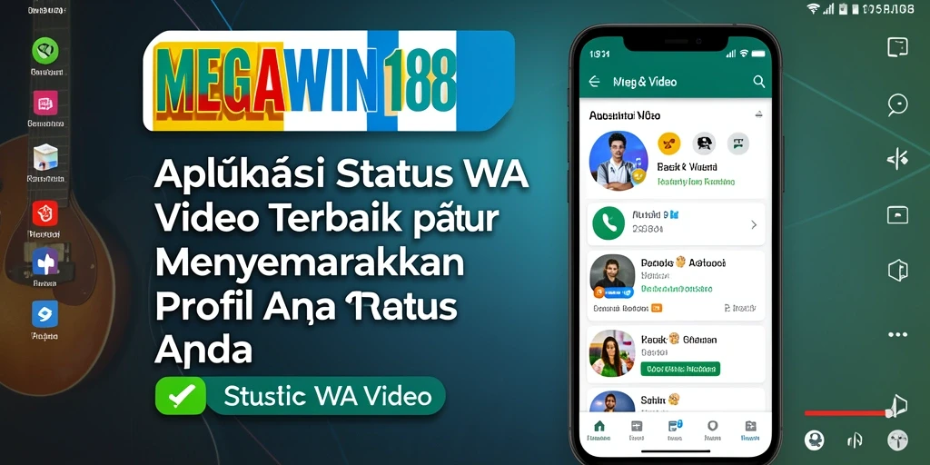Antarmuka aplikasi MEGAWIN188 dengan berbagai pilihan video status.