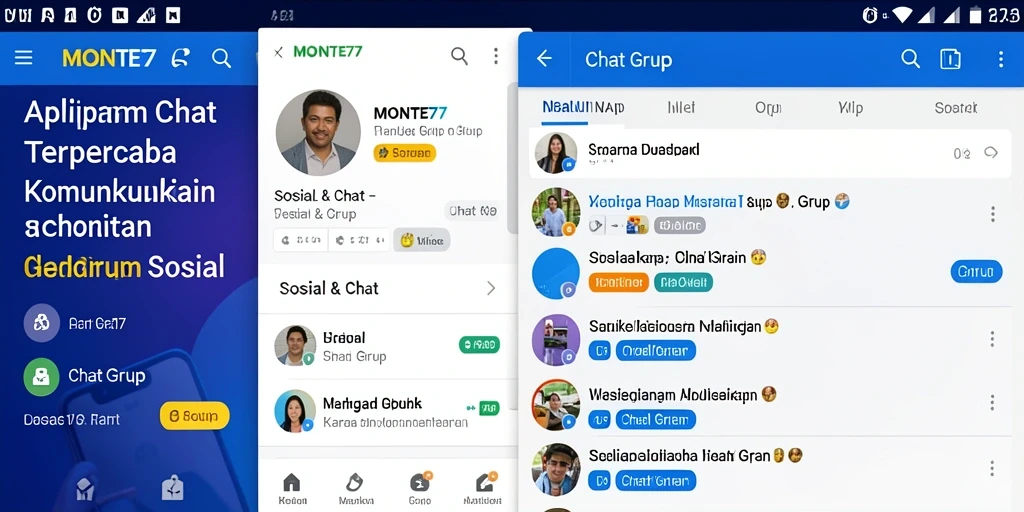 Antarmuka aplikasi MONTE77 yang user-friendly dengan fitur chat grup.