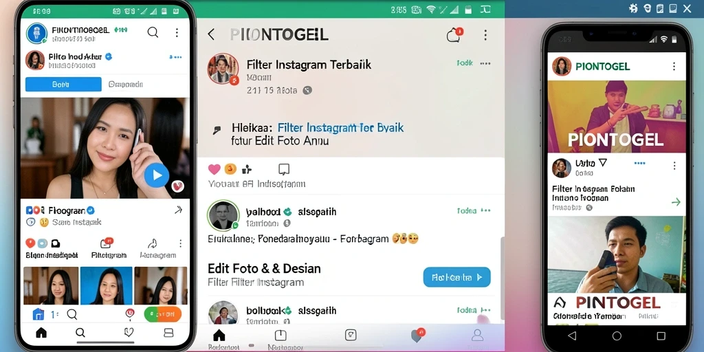 Tampilan antarmuka PIONTOGEL dengan berbagai filter Instagram yang menarik.
